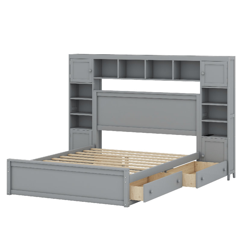 Lit en bois avec armoire, Gris