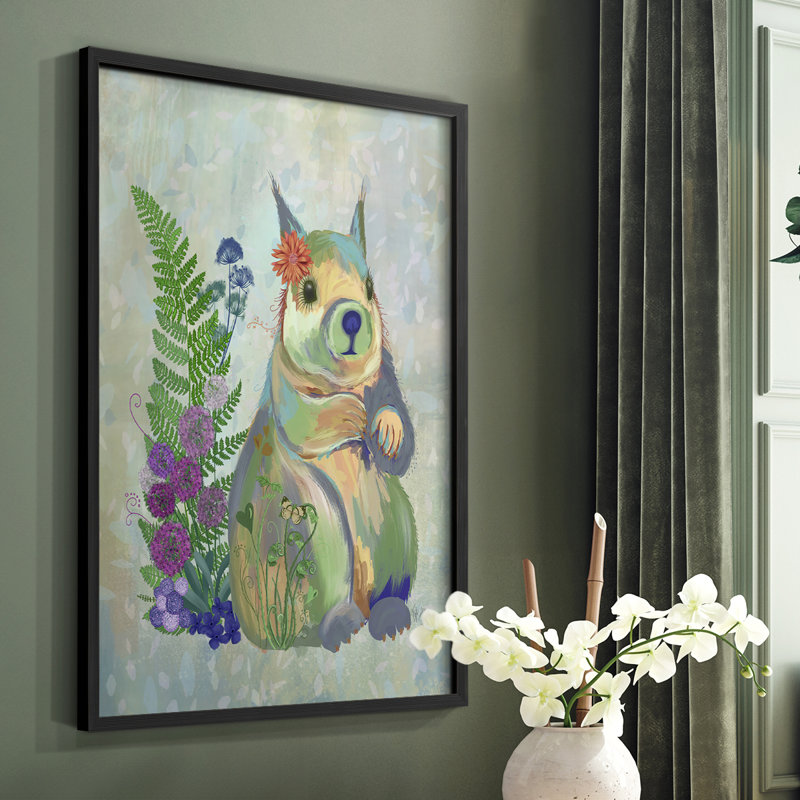 «Fantastic Florals Squirrel», reproduction encadrée - bois massif, Noir, H 10 po x l 8 po