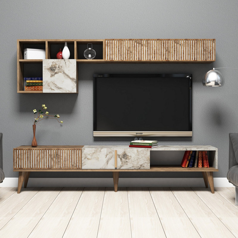 Modern TV Unit with Wall Shelf, Walnut & White, 70.9 x 15.7 x 13.8 inches | 100% Melamine Coated Particle Board, Thickness: 0.7 inches | Includes Multiple Shelves, Wall-Mountable, Stylish & Functional Design