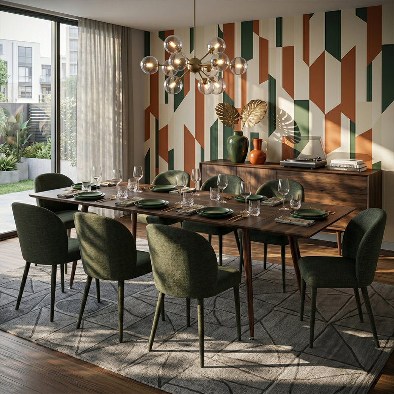 9 Piece Modern Extendable Dining Table Set with Upholstered Chairs, Green
