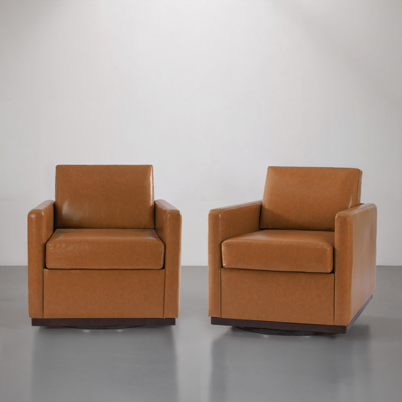 Chaise avec accoudoirs pivotante carrée moderne brun clair avec base matel (ensemble de 2), Similicuir brun clair