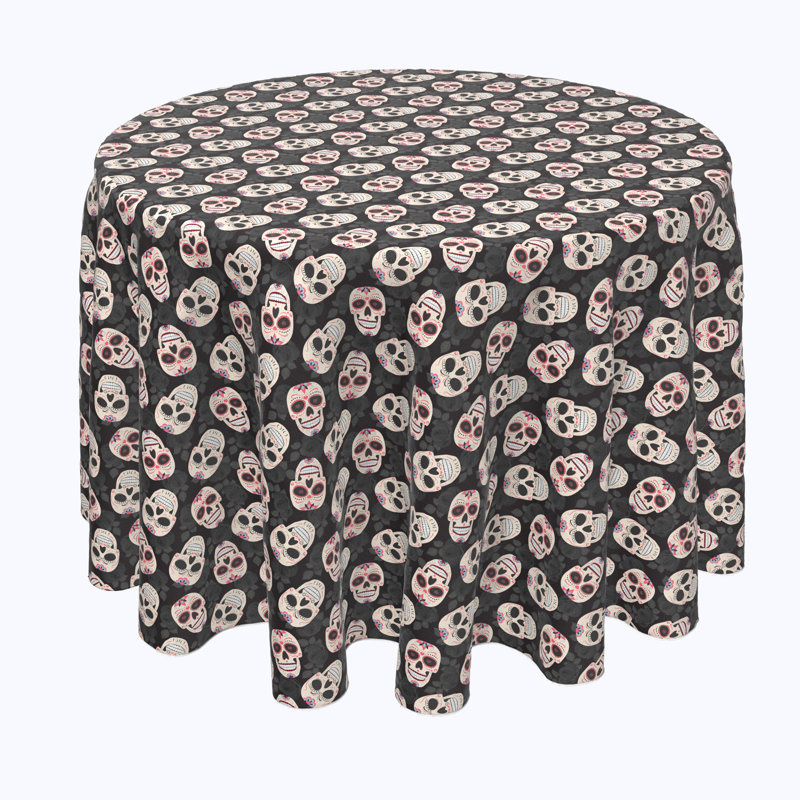Geometric Round Halloween Tablecloth, 70" L x 70" W, Dia De Los Muertes Skulls