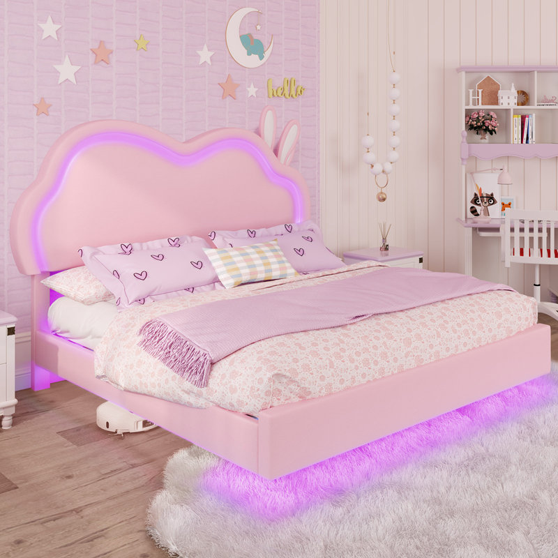 Zoomie Kids Floating Bed Frame with Adjustable LED Headboard and Leather Upholstered, Pink, Full