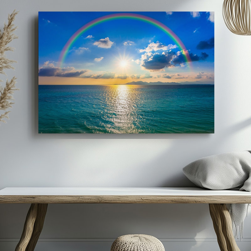 Toile, "Un paysage marin à couper le souffle au coucher du soleil avec un arc-en-ciel vibrant", H 30 po x l 30 po