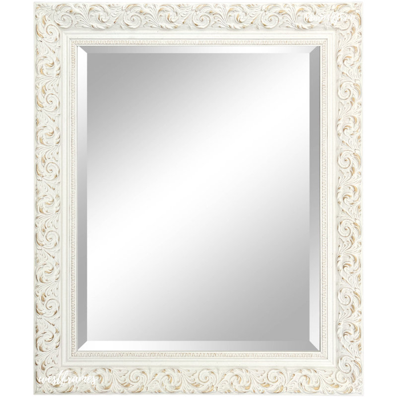 Bella French Ornate Embossed Framed Wall Mirror, 28.25" x 24.25", Antique White