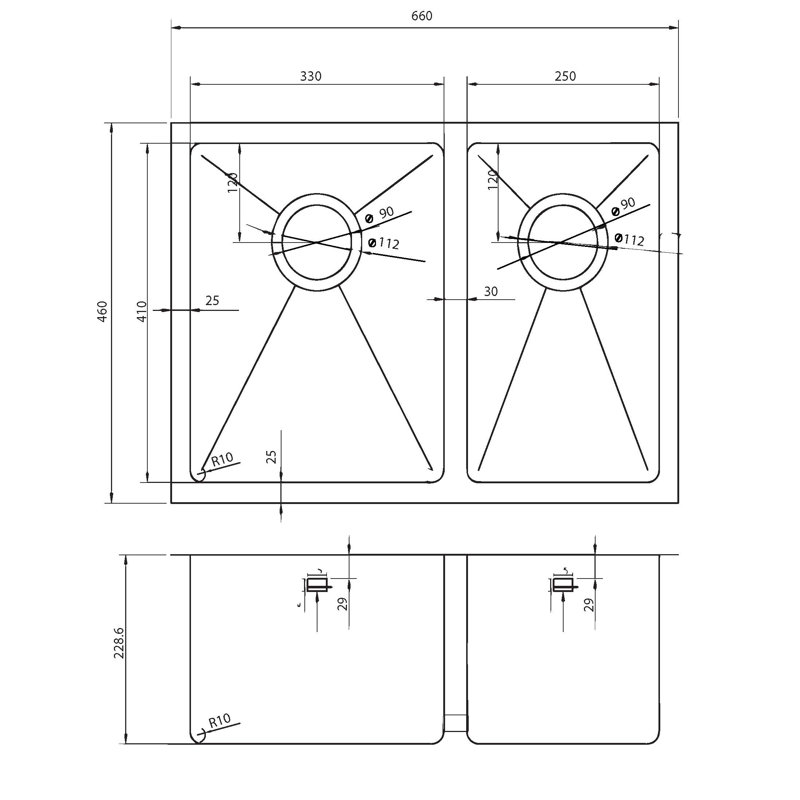 Évier carré en acier inoxydable encastré à double cuve 26 po x 18 po ONEX®