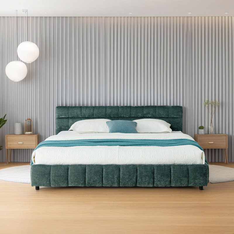 Lit plateforme tapissier très grand avec chenilles en tissu Chenille, Très grand lit, Vert