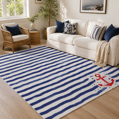 1Pcs Nautical anchor striped design - painted brush strokes, artistic pattern, textured pile, washable and easy to clean, medium rug, non-slip backing, suitable for living room, bedroom, kitchen, office indoor use for home detor