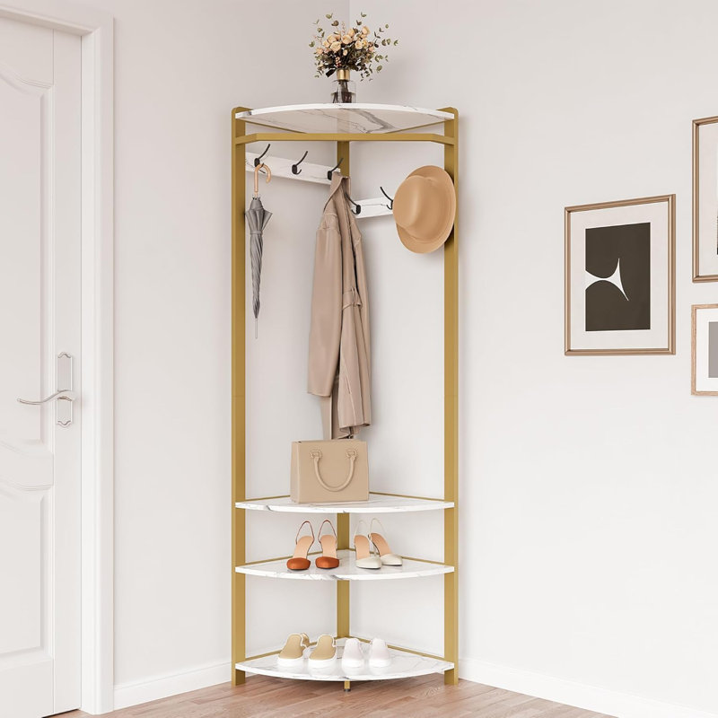 Corner Coat Rack with Shoe Bench Entryway and 6 Double Hooks, Brown