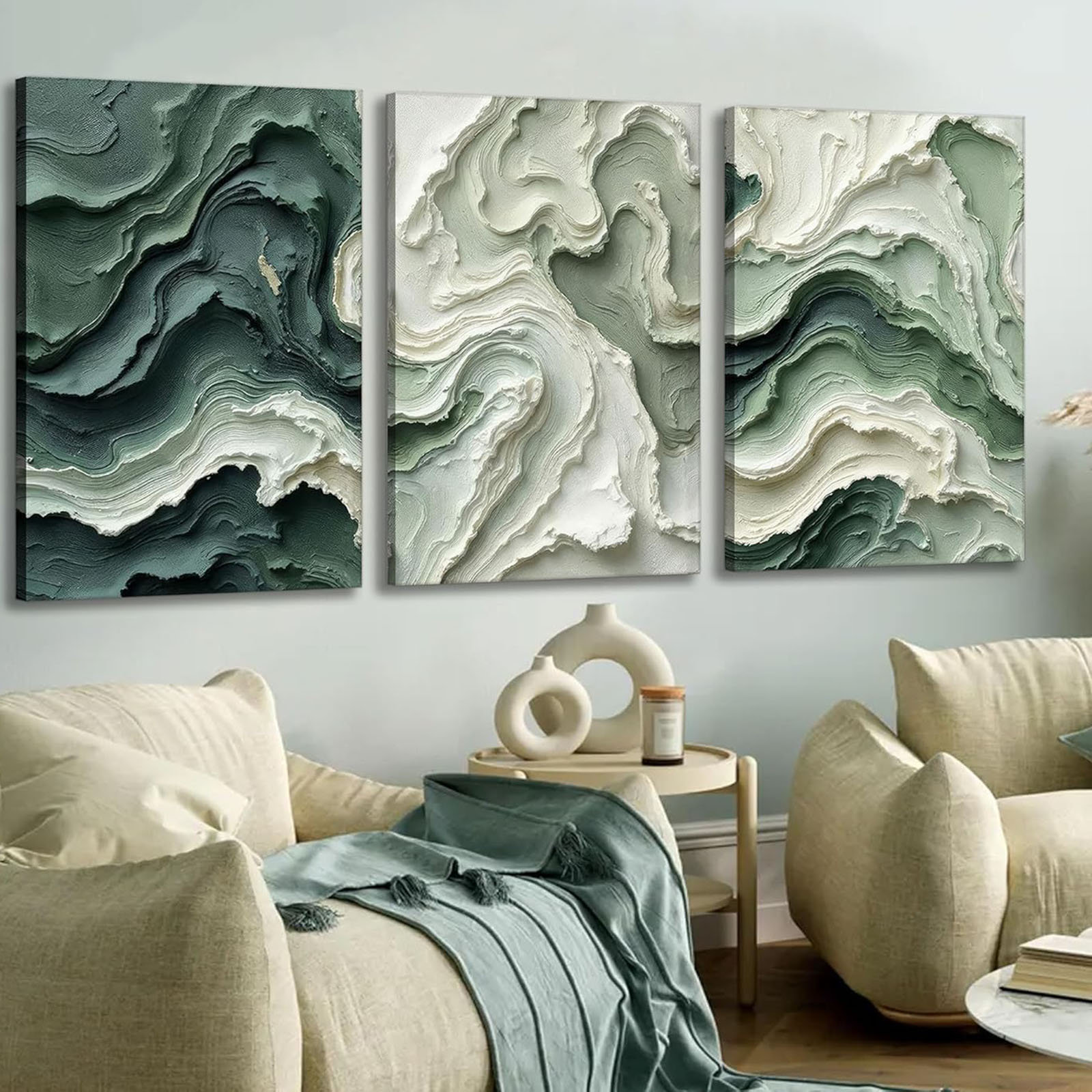 Red Barrel Studio® 3Pcs Abstract Texture Canvas Wall Art Neutral Green ...