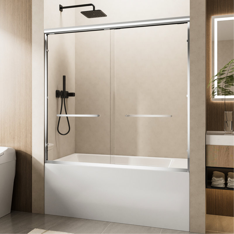 60" W X 57" H Soft-close Double Sliding Shower Door With Finish, 1/4" Thick Tempered Glass, Dual Stainless Steel Handles, , Reversible For Space - Saving Bathroom Designs, Leakproof Design Magnetic