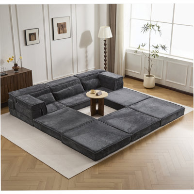 Boneless Compression Mahjong Sofa,Convertible Floor Sofa Bed,DIY Boneless Modular Sectional Sofa,No Assembly Required,Circle Fleece Fabric,Oversized 4 Seater With 3 Pillows,White