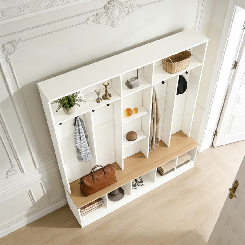 Arbre d'entrée large avec banc de rangement, armoire à chaussures minimaliste avec rangement cubique et tablettes, Blanc
