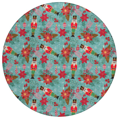 Machine Washable Indoor/Outdoor Christmas Nutcracker Xhevrie Teal Rug