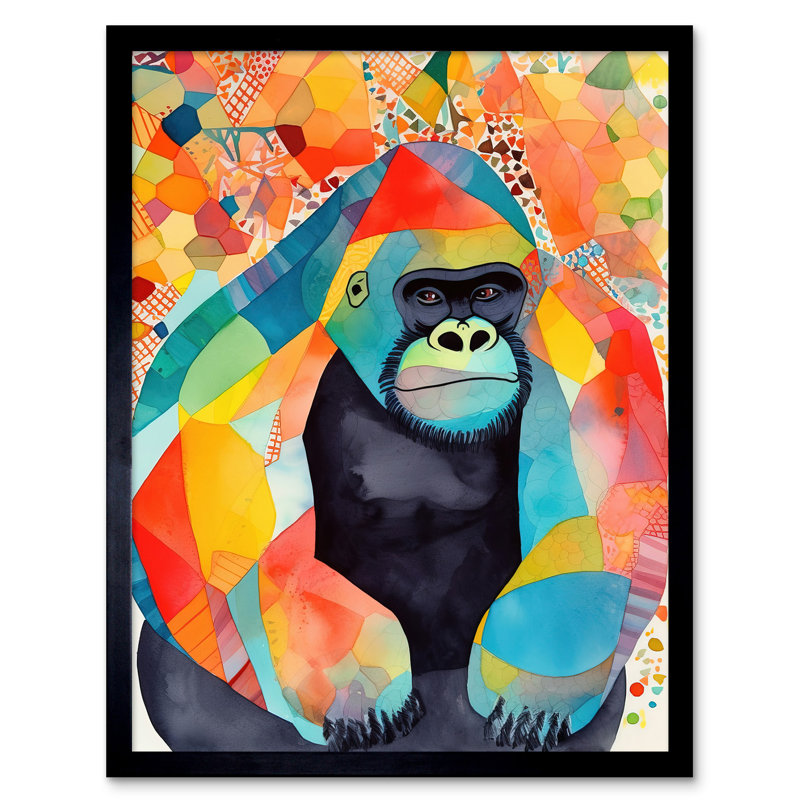 Colourful Gorilla Folk Art Watercolour Painting Art Print Framed Poster Wall Decor 12x16 inch