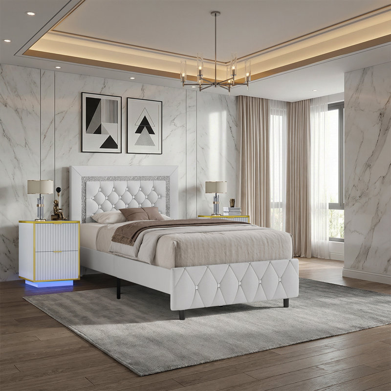 3 PC Faux Leather Diamond Tufted Platform Bed Set ,Bed Frame With Set Of 2 Modern Led End Table., Twin, White