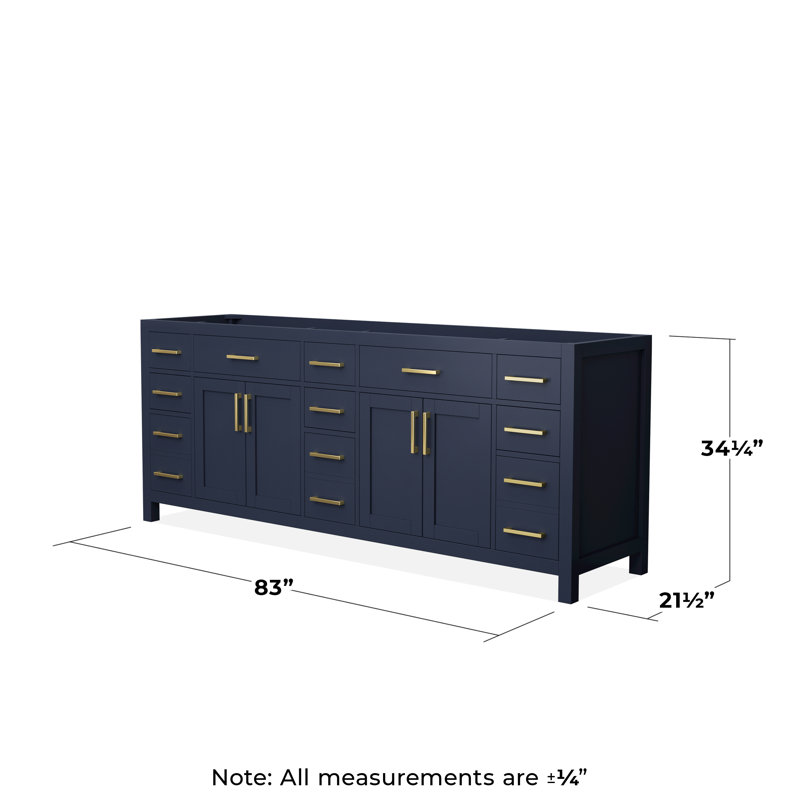 Base de meuble-lavabo double autoportante de 83 po Beckett, Bleu foncé / or brossé