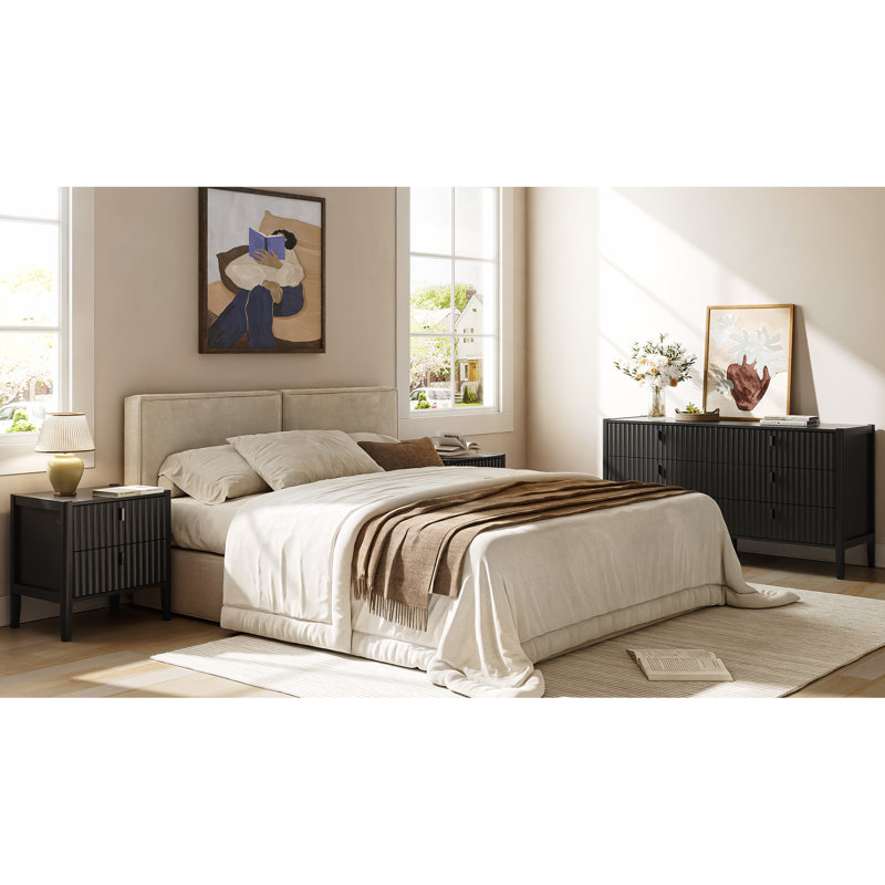 3 Piece Bedroom Set, 6 Drawer Dresser And Nightstand Set Of 2, Black