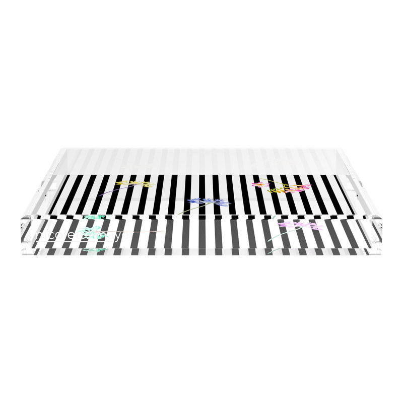 Dapper Acrylic Square Decorative Tray, 18"W x 18"D x 2"H, Black, Floral Stripes Black