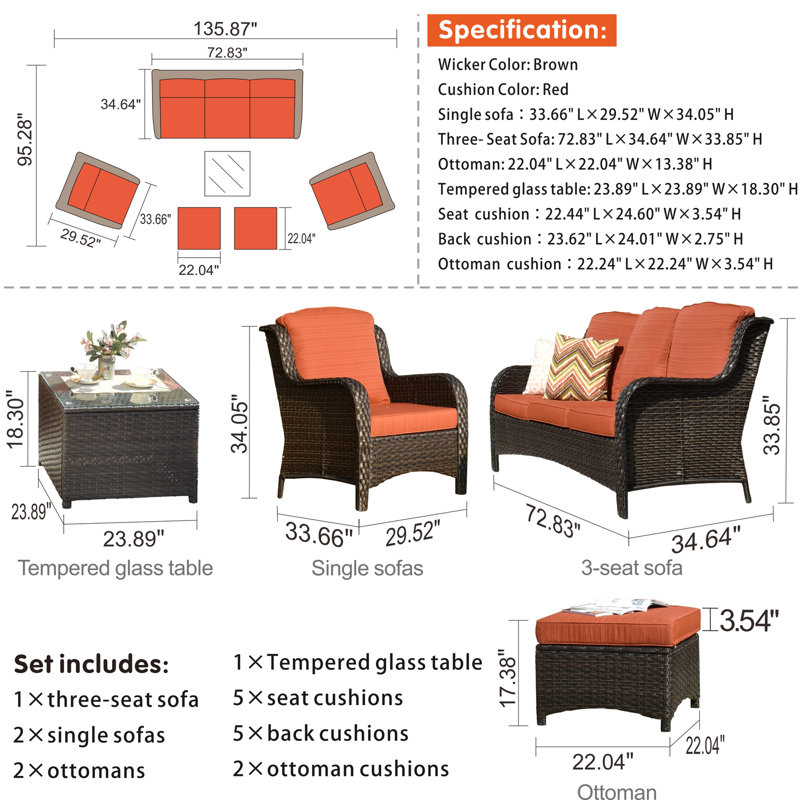 Wicker 5 - Person Patio Conversation Sets with Cushions, Orange Red
