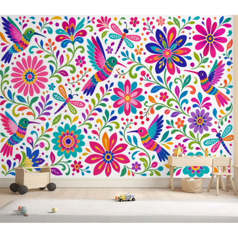 Papier peint adhésif autocollant décoratif brodé à la main de style mexicain Otomi, 69" L x 96" W