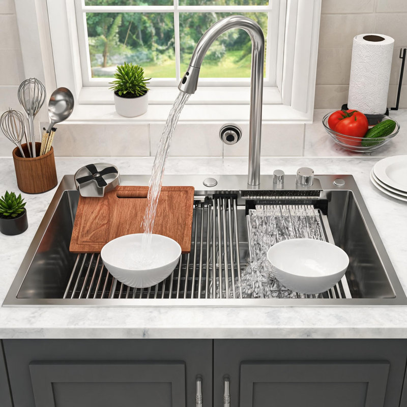 Évier de cuisine à encastrer en acier inoxydable nickel brossé de 33 pouces avec robinet à douche extractible et lave-tasse
