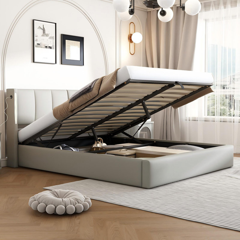 Upholstered Storage Bed With Adjustable Headboard, USB And LED PU, Grey, Double (4'6)