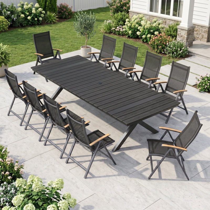 10-Person Aluminum Outdoor Dining Set With Folded Reclining Chairs And Umbrella Hole, Black