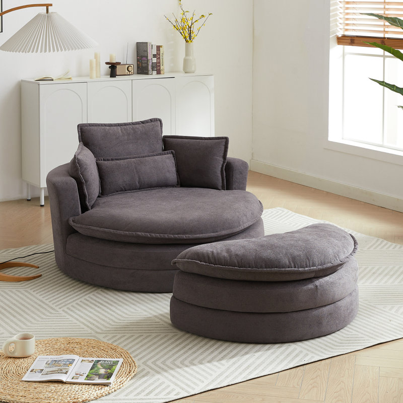 Grand fauteuil rond club pivotant avec accoudoirs de bar moderne avec repose-pieds avec rangement et coussins, Tissu brun