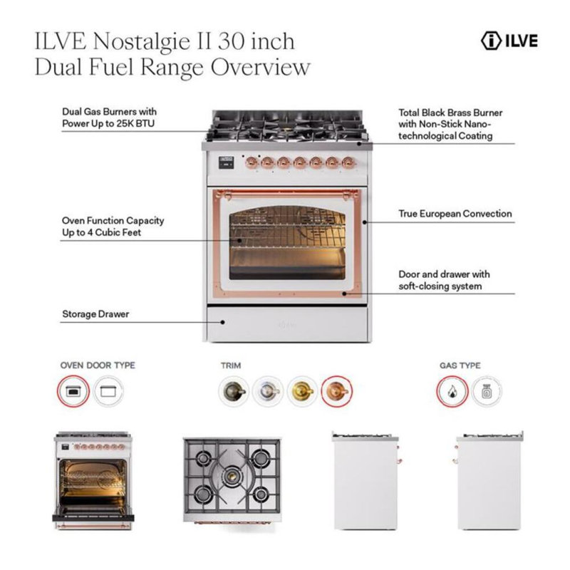 ILVE Nostalgie II 30 in Dual Fuel Range, Antique White/Bronze, Liquid Propane