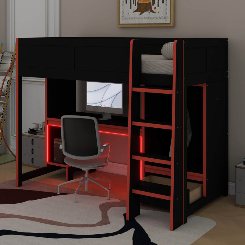 Wood Twin Size Gaming Loft Bed With Built-In Desk, Wardrobe, LED And A Drawer, Twin