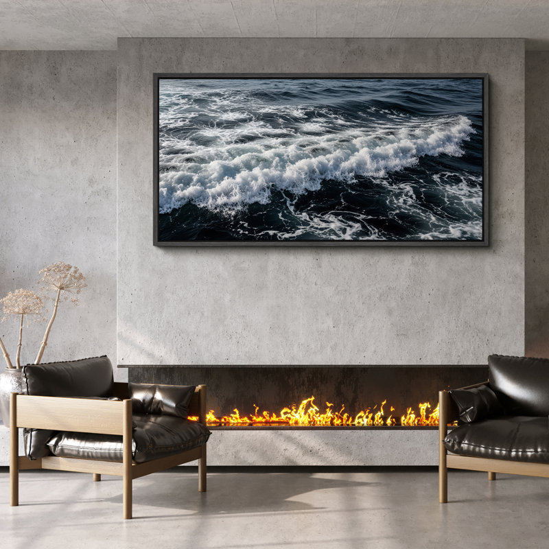 Ocean Surf Waves Framed Canvas Wall Art - Dynamic Coastal Photography for Beach House or Nautical Interiors, 30" H x 60" W