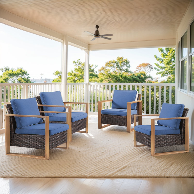 Drazen Outdoor Wicker Club Chair Set Of 4 With Thick Cushions & Unique Wood-Grain Armrests, Brown/Blue