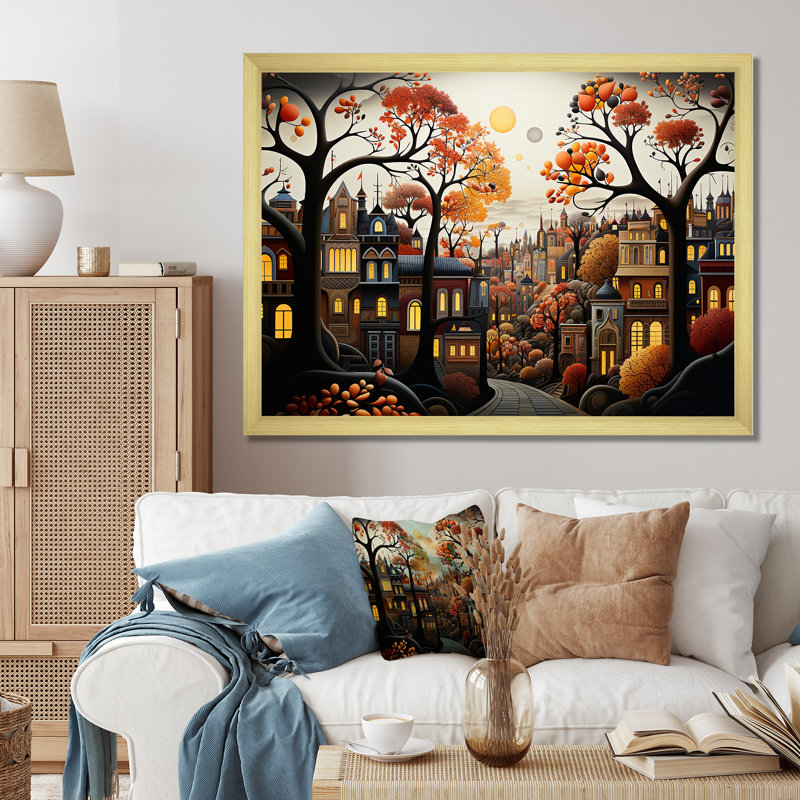 Cozy village in Autumn Moonlit I - Art mural art déco urbain, Cadre doré à coins fermés, H 30 po x l 40 po x P 1,5 po