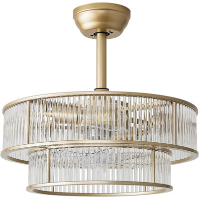 Gold Crystal Chandelier Ceiling Fan With Remote Control, 20" Mid Century Style Fandelier With 6 Speeds And Reversible Motor For Bedroom, Living Room,