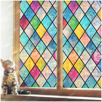 Stained Glass Window Film, Rainbow Window Privacy Film, Decorative Sun Blocking Glass Clings Stickers, Static Cling Colourful Lattice Coverings Decals For Home Door
