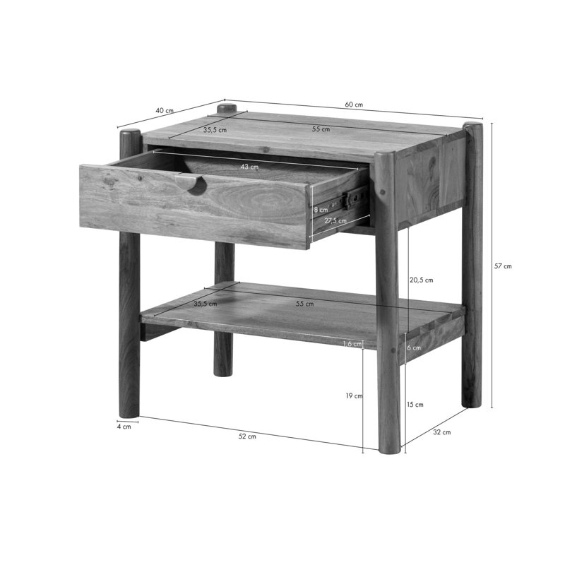 KOPENHAGEN 60cm W Solid Wood Bedside Table