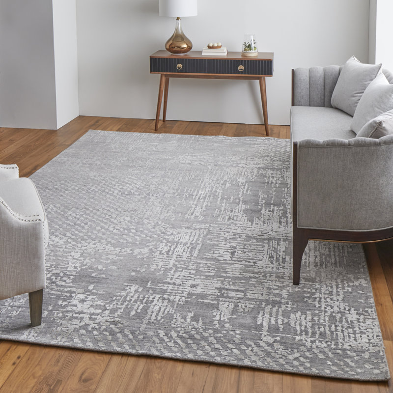 Tapis gris abstrait en viscose tissé à la main, Rectangle 3 pi x 5 pi