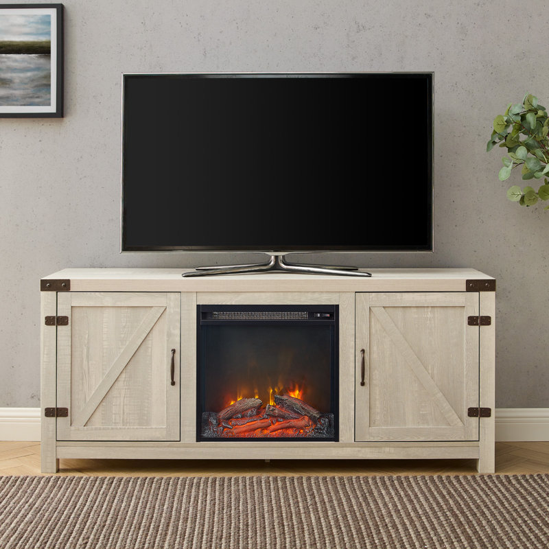 Meuble télé de 58 po avec porte de grange et foyer électrique Marckson, 58" W x 15.5 D, Gris pierre