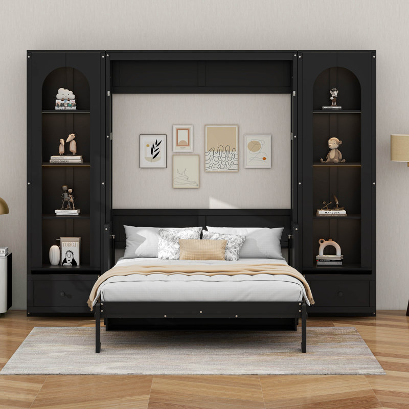 Grand lit plateforme escamotable avec tablette, armoires latérales, tiroirs et DEL, Noir