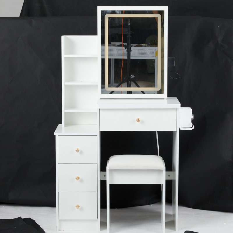 Jamie Cabinet Vanity Table with Padded Stool, White