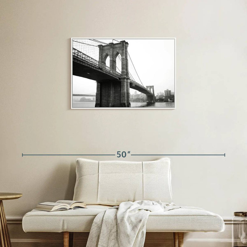 Pont monochromatique de Brooklyn, 31 po x 21 po, Cadre flottant blanc