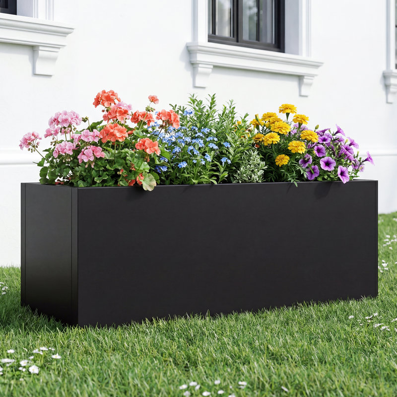 Bliss  16 in. W x 10 in. H Tall Metal Black Rectangular Pot Planter, 16 in. W x 10 in. H