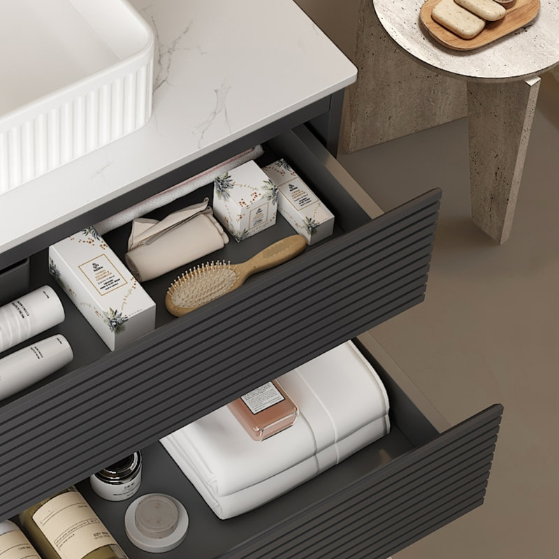 Armoire de salle de bain murale grise 36 po, 18 mm, tiroirs spacieux et coulissants, style scandinave moderne
