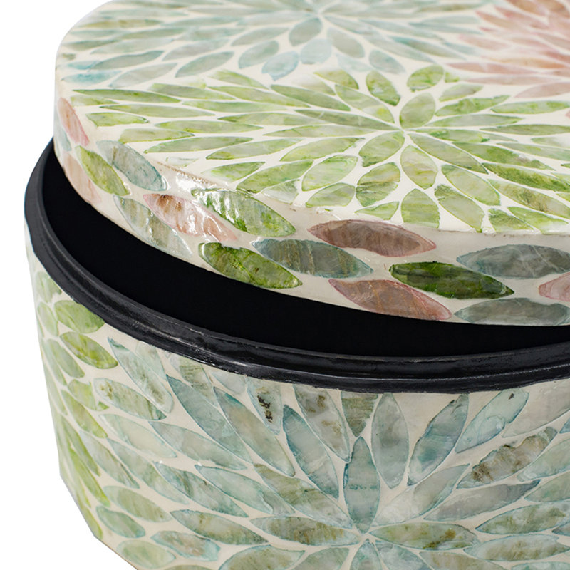 D10x5" Round Capiz Shell Storage Box With Floral Pattern - Pink/green/blue