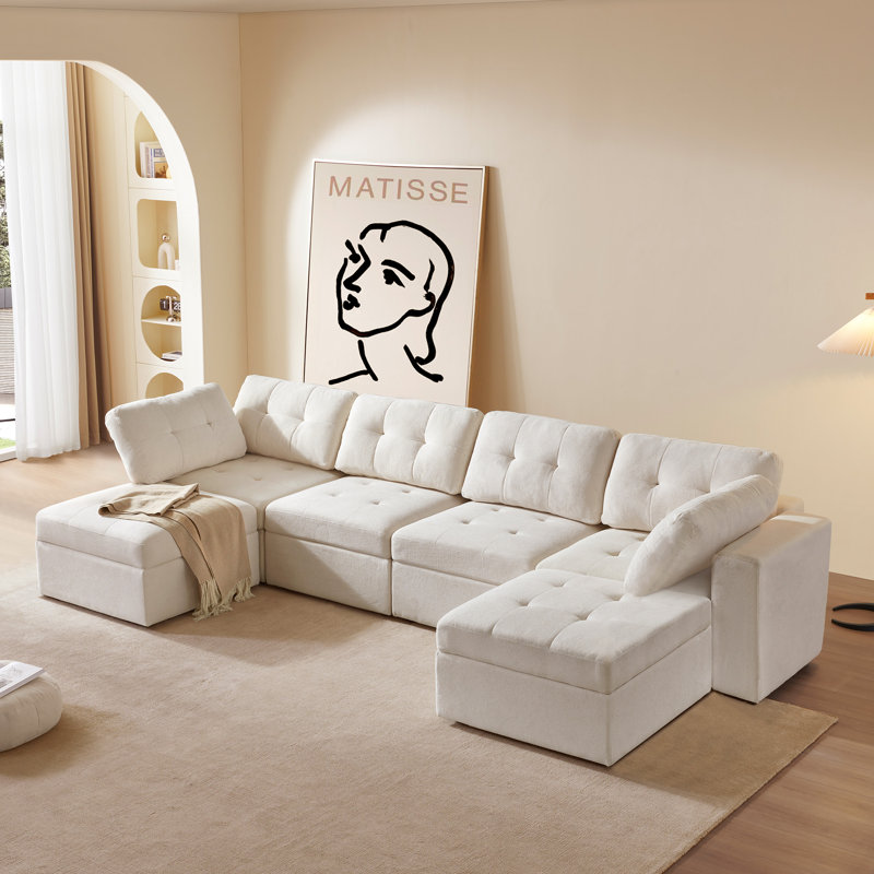 Zakeem Upholstered U-Shaped Sectional Reversible, White Boucle