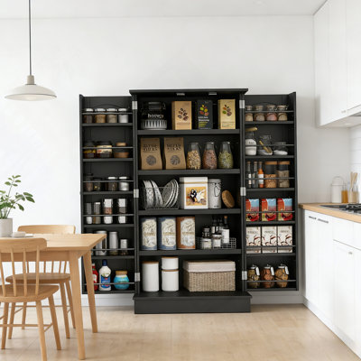 Armoire de cuisine moderne avec 5 étagères et 12 étagères à épices pour un rangement intelligent et sécuritaire.