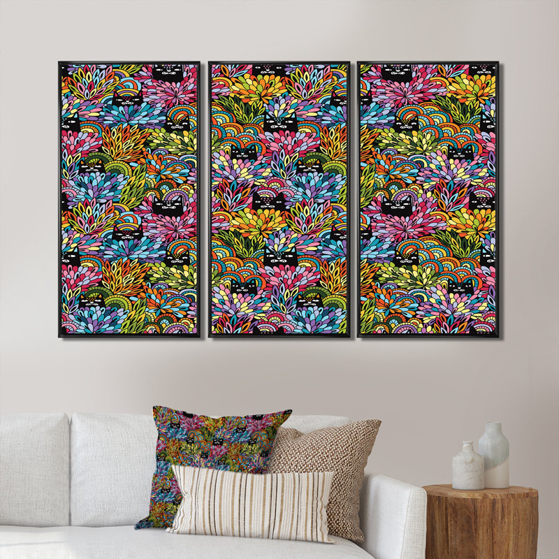 «Black Cats Look Out Of The Bushes», ensemble de 3 reproductions d'art encadrées sur toile, Noir, L 36 po x H 28 po