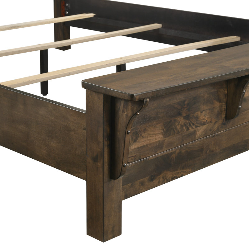 Lit très grand Blie avec banc de pied de lit intégré, bois massif brun rustique, Grand 