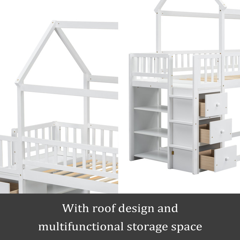 TWIN/TWIN HOUSE BUNK BED WITH SHELVES AND DRAWERS, White